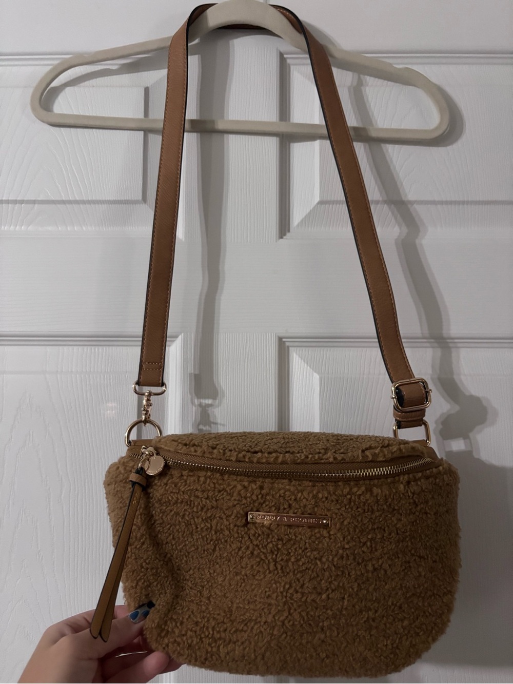 Poppy & Peonies Tan Teddy Fleece Crossbody Bag
